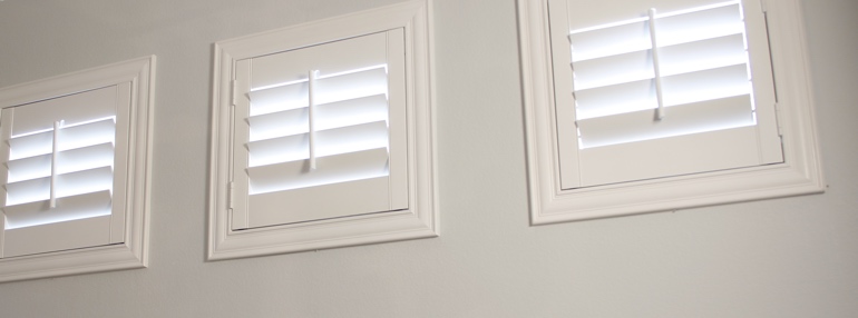 Square Windows in a Las Vegas Garage with Plantation Shutters